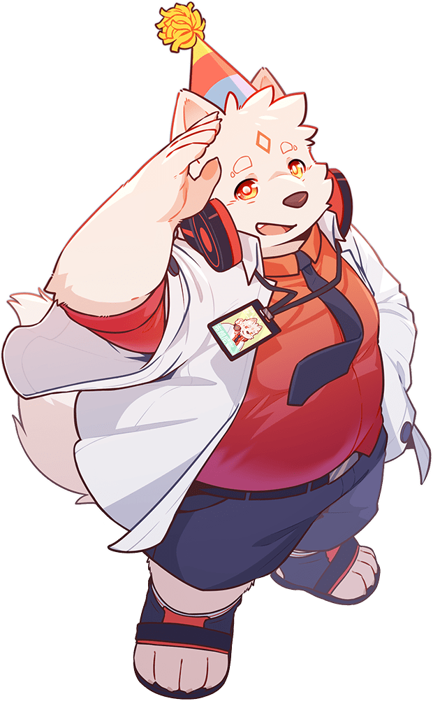 FURRYBAR character wearing headphones and a party hat, raising a hand in greeting